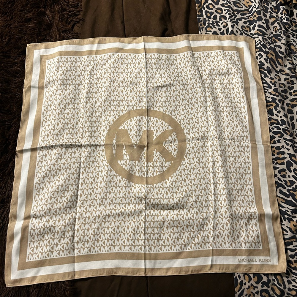 Michael Kors Monogram Silk Scarf - Tan and White